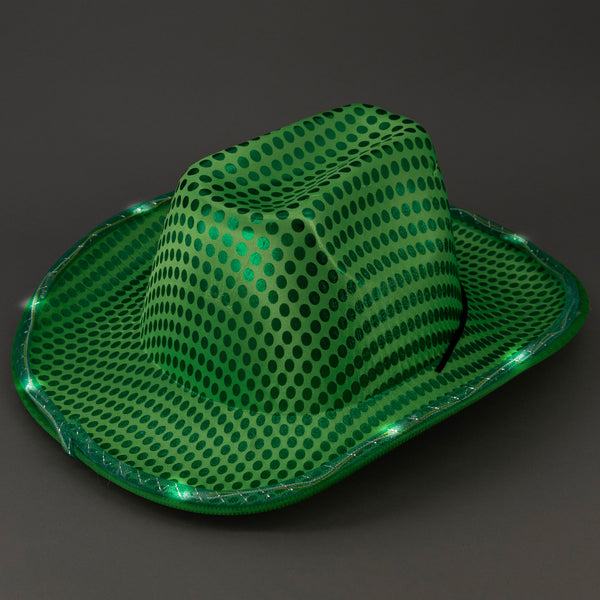 LED Light Up Flashing Sequin Cowboy Hats Green - 12 Hats