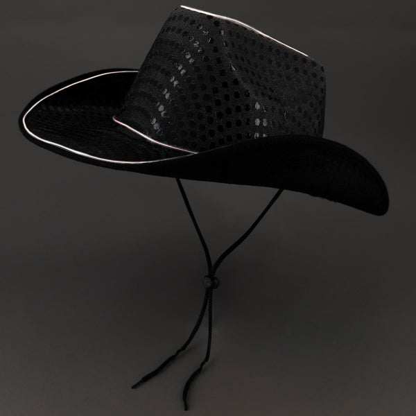 LED Flashing EL Wire Glow Black Sequin Cowboy Hat | PartyGlowz
