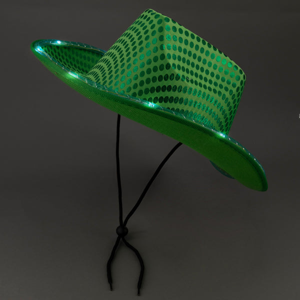 LED Light Up Flashing Sequin Cowboy Hats Green - 12 Hats