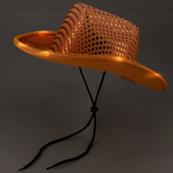 LED Light Up Flashing Orange Cowboy Hat With Sequins