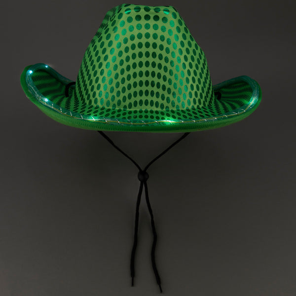 LED Light Up Flashing Sequin Green Cowboy Hat - Pack of 18 Hats