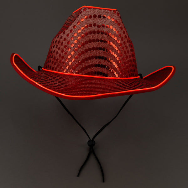 LED Flashing Red EL Wire Sequin Cowboy Party Hat - Pack of 2 Hats