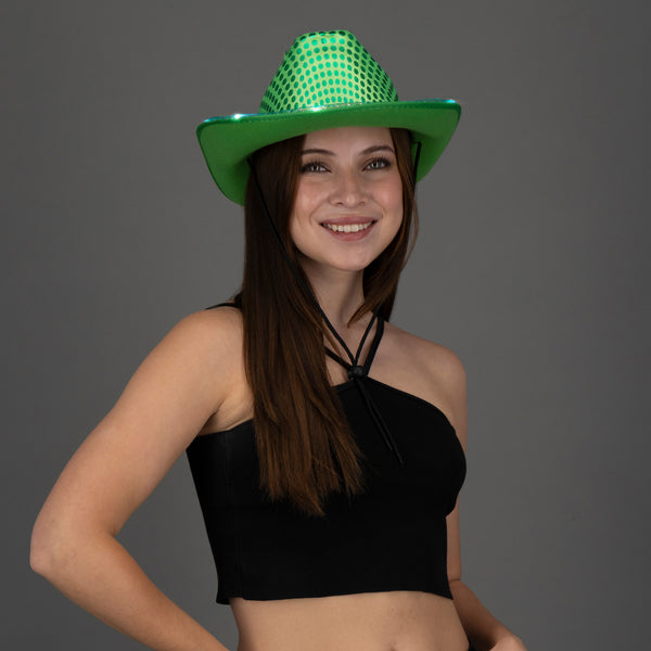 LED Light Up Flashing Sequin Green Cowboy Hat - Pack of 18 Hats