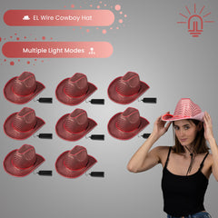 LED Flashing EL Wire Pink Sequin Cowboy Party Hat - Pack of 12 Hats
