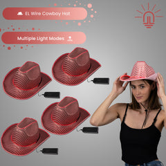 LED Flashing EL Wire Pink Sequin Cowboy Party Hat - Pack of 4 Hats