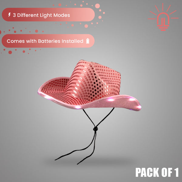 LED Light Up Flashing Pink Cowboy Hat With Sequins