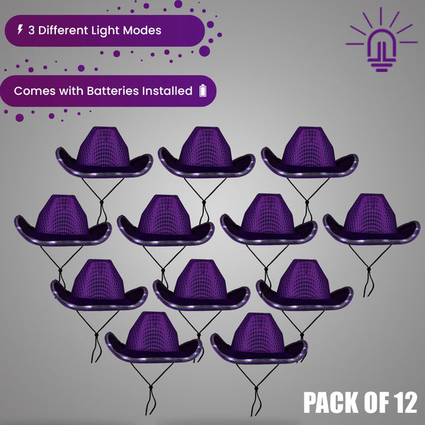 LED Light Up Flashing Sequin Cowboy Hats Purple - 12 Hats
