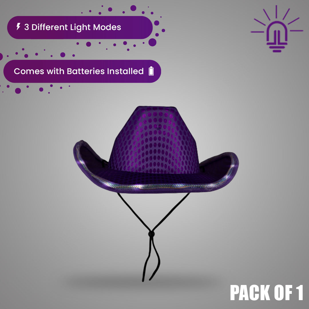 Purple Cowboy Hat With LED Light Up Flashing Sequins 