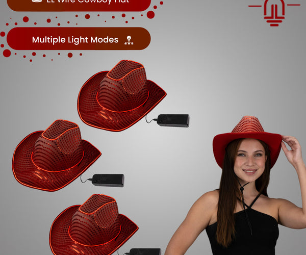 LED Flashing Red El Wire Sequin Cowboy Hats - 3 | PartyGlowz.com display picture 2