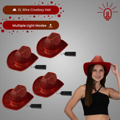 LED Flashing Red EL Wire Sequin Cowboy Party Hat - Pack of 4 Hats