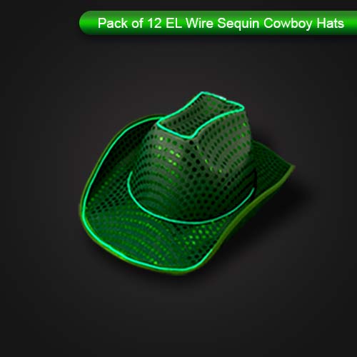 LED Flashing Green EL Wire Sequin Cowboy Party Hat - Pack of 12 Hats