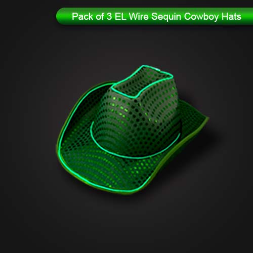 LED Flashing Green EL Wire Sequin Cowboy Party Hat - Pack of 3 Hats
