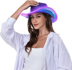 Light Up EL Wire Purple Iridescent Holographic Space Cowboy Cowgirl Hat