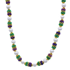42" Purple, Green And Gold Mardi Gras Bead Necklace With White Pearl