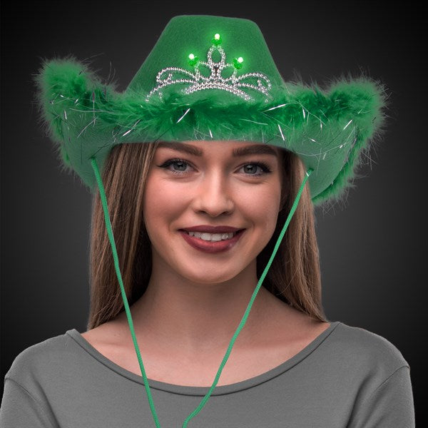 LED Light Up Green Feather Cowboy Hat With Tiara - Main Image