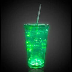 LED Light Up Green 16 Oz String Double Walled Tumbler With Lid And Straw