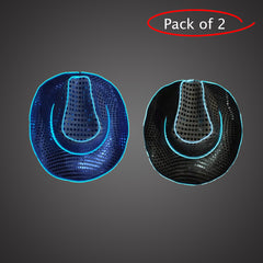 LED Light Up Flashing EL Wire Sequin Black & Blue Cowboy Party Hat - Pack of 2 Hats