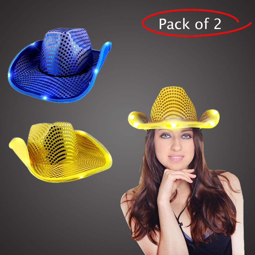LED Light Up Sequin Blue Gold Cowboy Hat Hats - Main Image