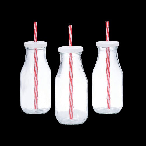Plastic Milk Bottles Kids Parties Pink White Caps With Straw