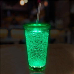 LED Light Up Green 16 Oz Crystal Tumbler With Lid And Straw