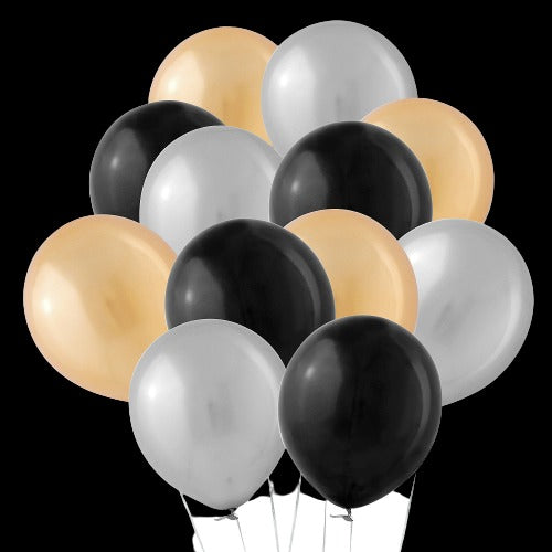 11 Latex Balloon Silver, Gold & Black