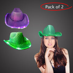 LED Light Up Flashing Sequin Green & Purple Cowboy Hat - Pack of 2 Hats