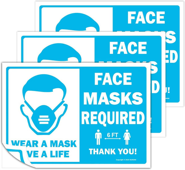 Social Distancing Sign Decal Sticker, Face Mask Required, 7 x 10 Inch - Pack of 3