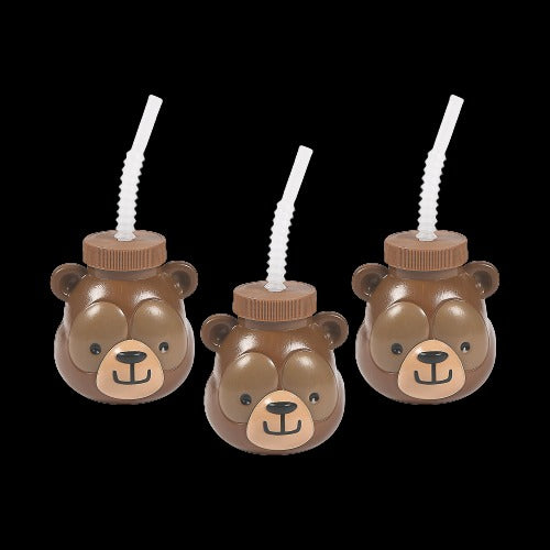 Woodland Party Bear Cups With Straws - Party Supplies - 8 Pieces