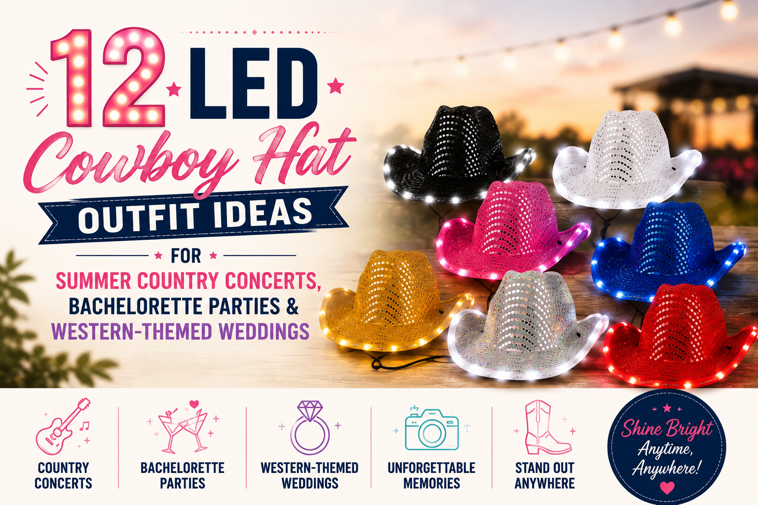 12 LED Cowboy Hat Outfit Ideas for Summer Country Concerts, Bachelorette Parties & Western-Themed Weddings
