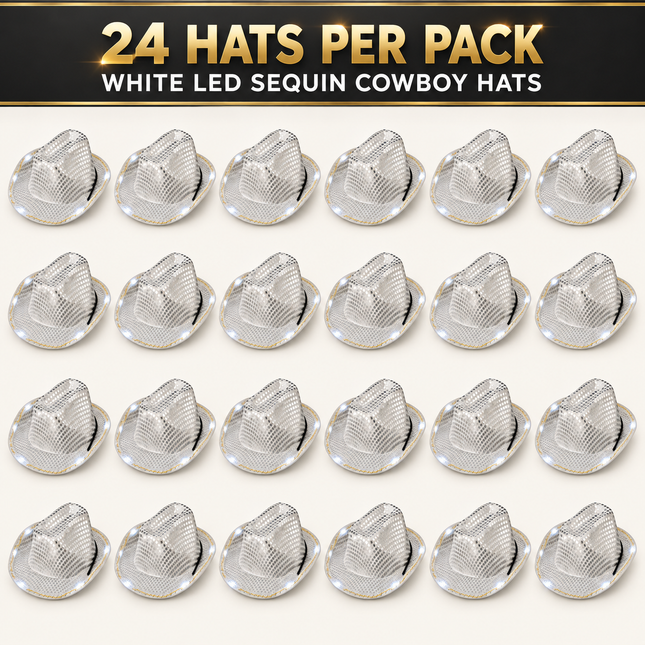 A pack of 24 white LED sequin cowboy hats