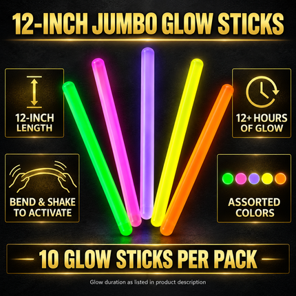 12 Inch Premium Jumbo Glow Sticks - Multiple Colors - Pack of 10