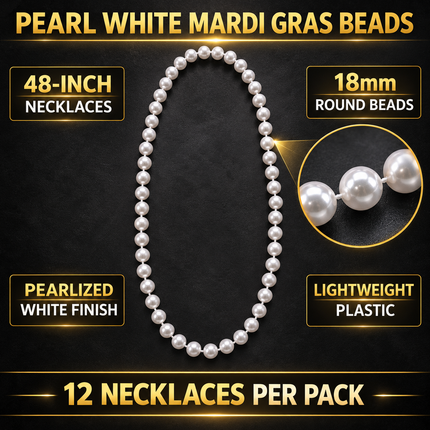 48" 18mm Round Pearl White Mardi Gras Beads - Pack of 12 Necklaces