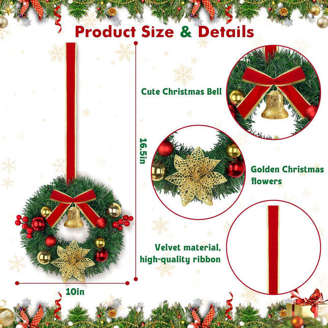 10 Inch Mini Christmas Wreath With Bell, Berry, Flowers and Ball - 6 Per Pack