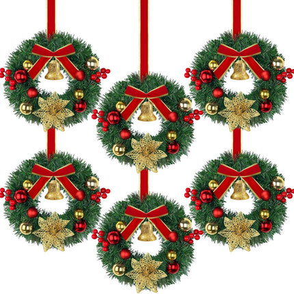 10 Inch Mini Christmas Wreath With Bell, Berry, Flowers and Ball - 6 Per Pack