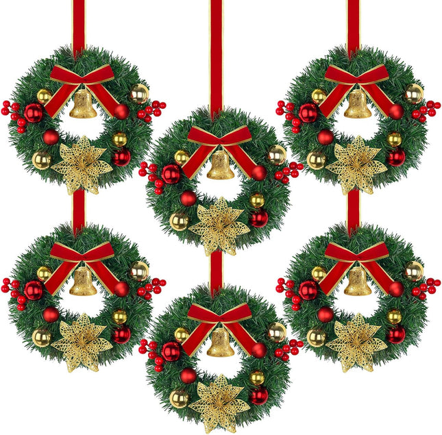 10 Inch Mini Christmas Wreath With Bell, Berry, Flowers and Ball - 6 Per Pack