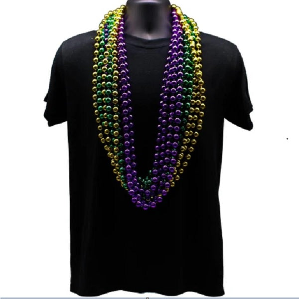 48 10mm Round Metallic Purple, Gold & Green Mardi Gras Beads - Pack of 12 Necklaces