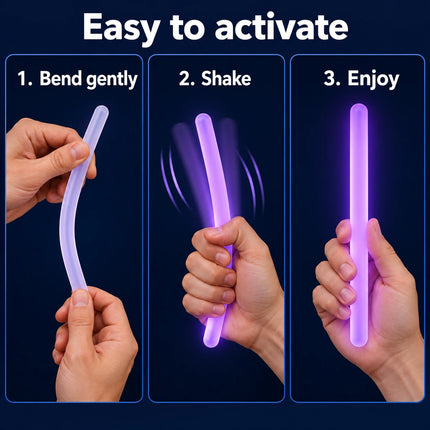 Illustrated bend, shake and enjoy instructions for jumbo chemical glow sticks.