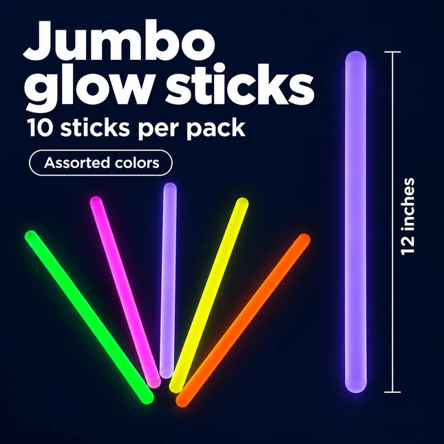 Jumbo glow stick size guide: 12 inches long, sold as an assorted pack of 10.
