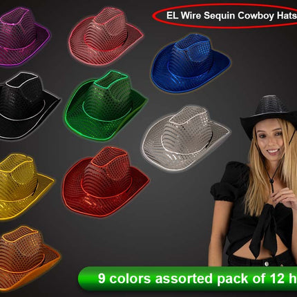 Light Up Flashing EL Wire Sequin Cowboy Hats - 9 Assorted Colors Pack of 12 Hats