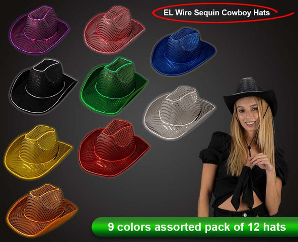 Light Up Flashing EL Wire Sequin Cowboy Hats - 9 Colors Assorted Pack of 12 Hats