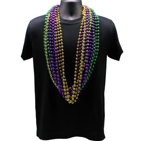 48 12mm Round Metallic Purple, Gold & Green Mardi Gras Beads - Pack of 12 Necklaces