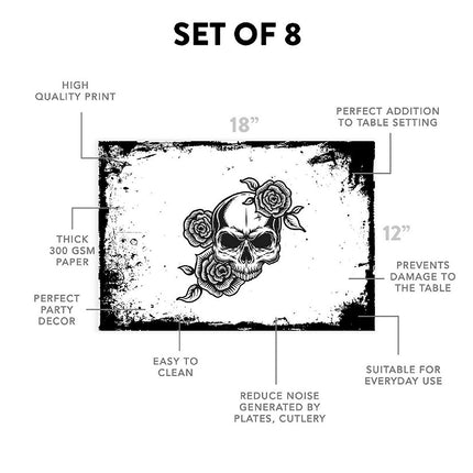 12"x18" Halloween Placemats, Black Skull and Roses Disposable Cardstock Paper - 8 per pack