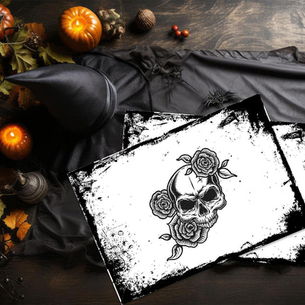 12"x18" Halloween Placemats, Black Skull and Roses Disposable Cardstock Paper - 8 per pack