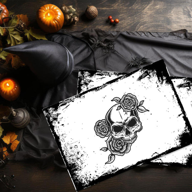 12"x18" Halloween Placemats, Black Skull and Roses Disposable Cardstock Paper - 8 per pack
