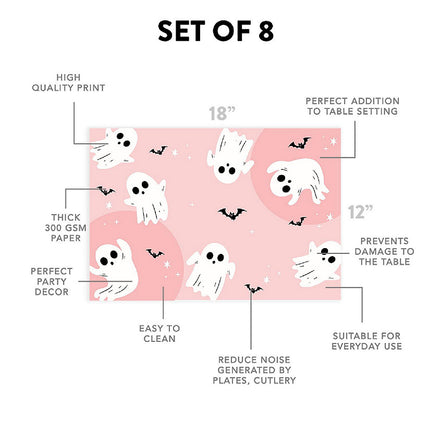 12"x18" Halloween Placemats, Cute Ghosts & Bats Disposable Cardstock Paper - 8 per pack