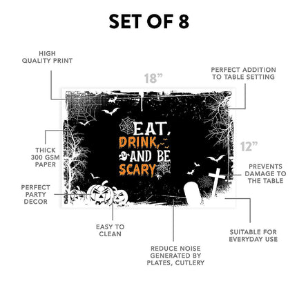12"x18" Halloween Placemats, Eat Drink And Be Scary Disposable Cardstock Paper - 8 per pack
