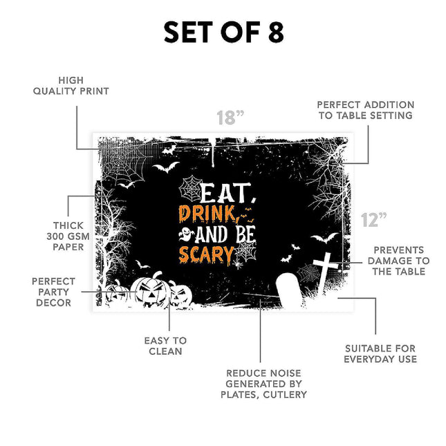 12"x18" Halloween Placemats, Eat Drink And Be Scary Disposable Cardstock Paper - 8 per pack