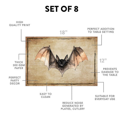 12"x18" Halloween Placemats, Gothic Bat Disposable Cardstock Paper - 8 per pack