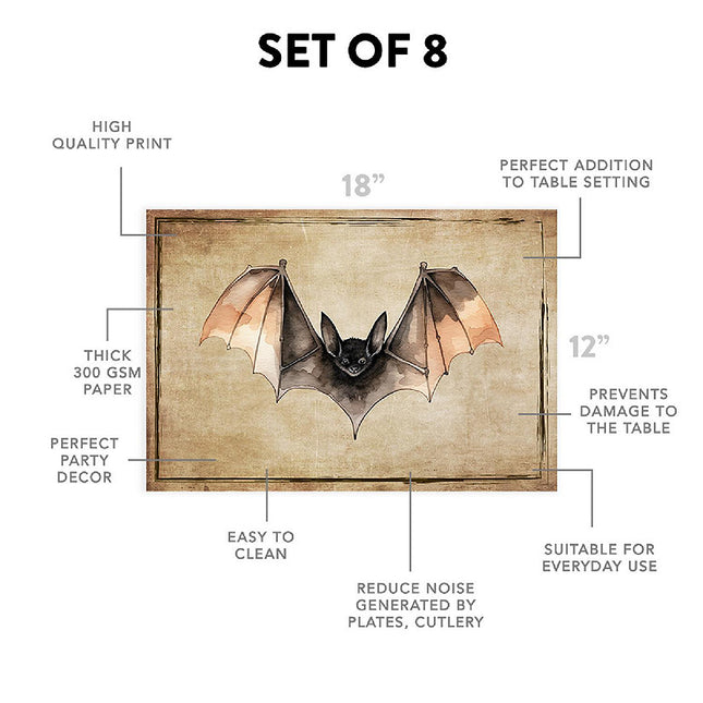 12"x18" Halloween Placemats, Gothic Bat Disposable Cardstock Paper - 8 per pack