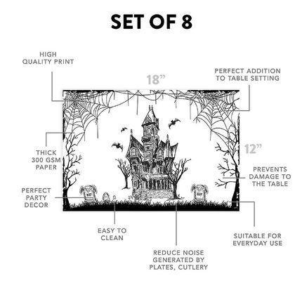 12"x18" Halloween Placemats, Haunting House of Shadows Disposable Cardstock Paper - 8 per pack